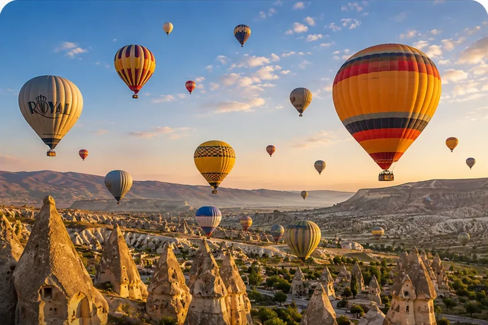 Hot air balloons over the fairy chimneys of Cappadocia, Türkiye, at sunrise