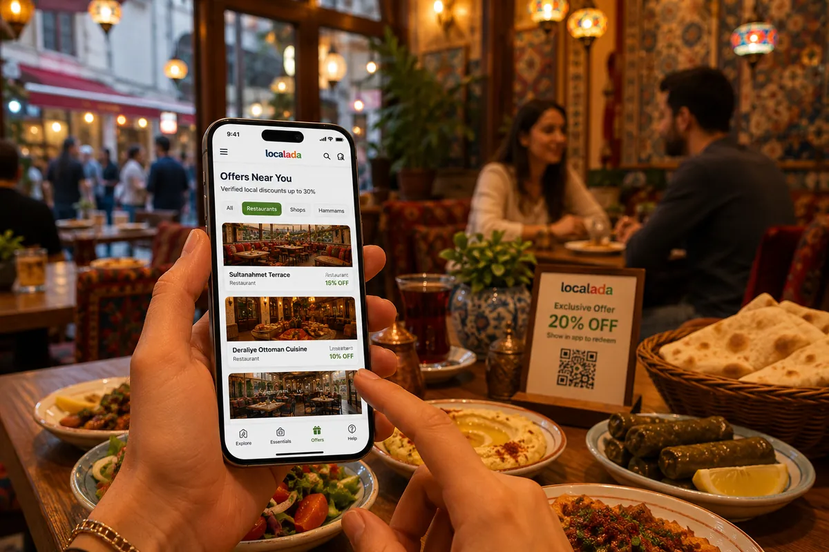 The Localada app showing verified local restaurant discounts up to 30% at a traditional Turkish meze table in Istanbul