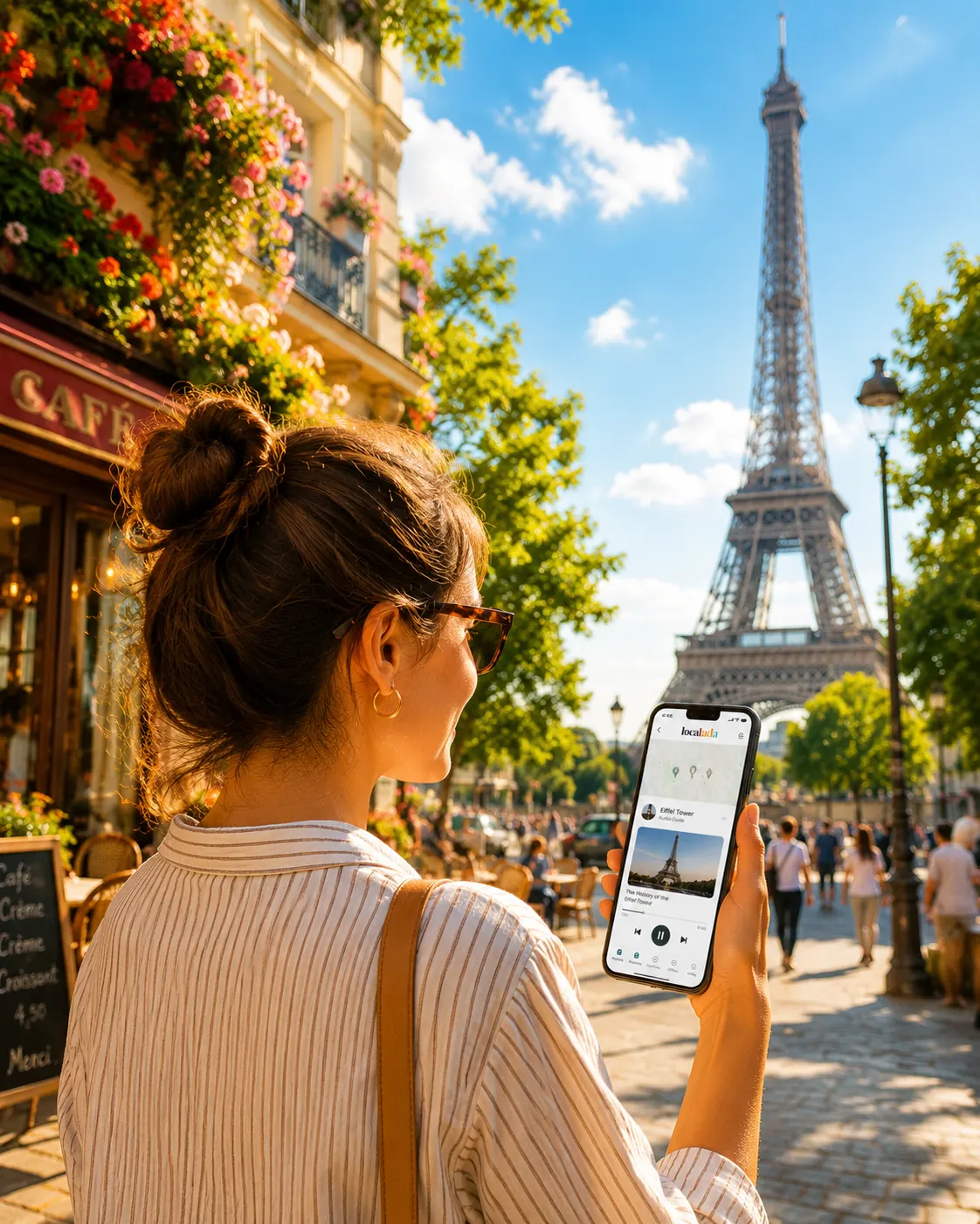 A traveller using the Localada app in front of the Eiffel Tower in Paris