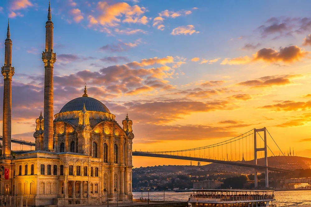 Ortaköy Mosque and the Bosphorus Bridge in Istanbul, Türkiye, at sunset