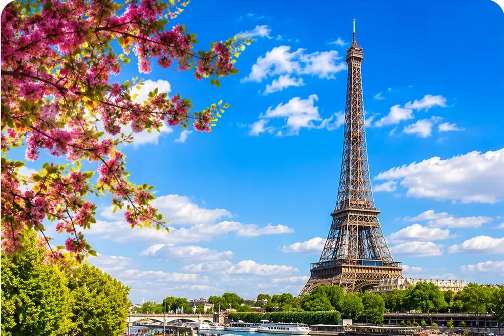 The Eiffel Tower and rooftops of Paris, France