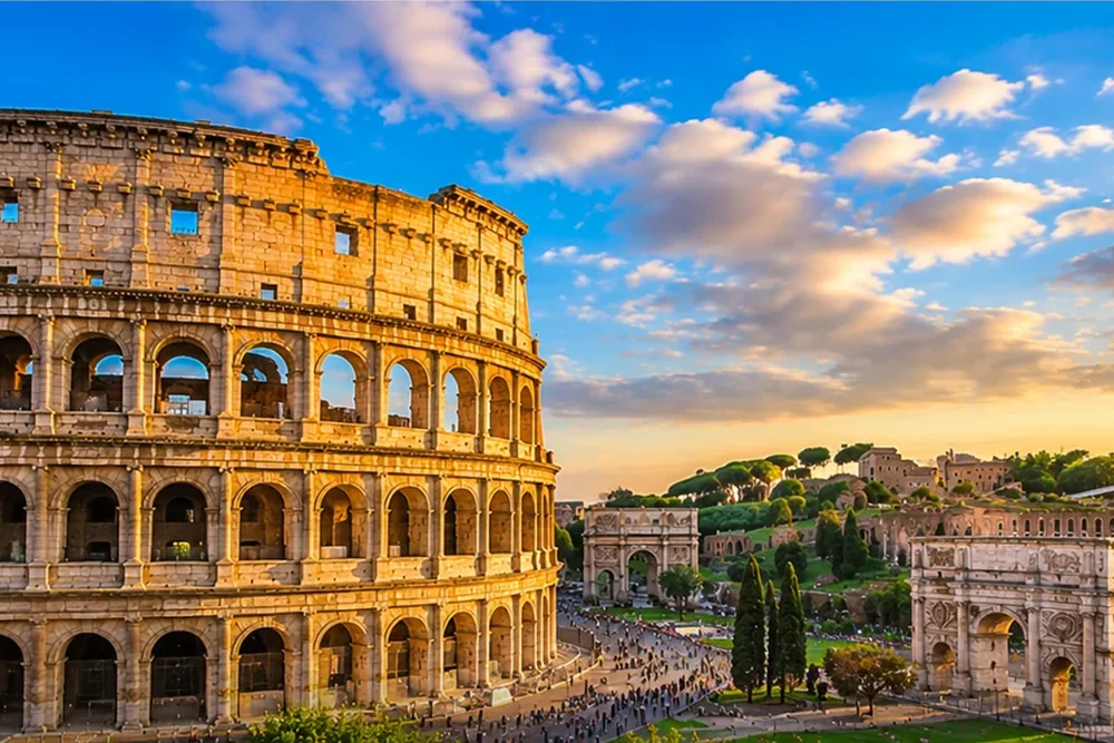 The Colosseum and historic skyline of Rome, Italy