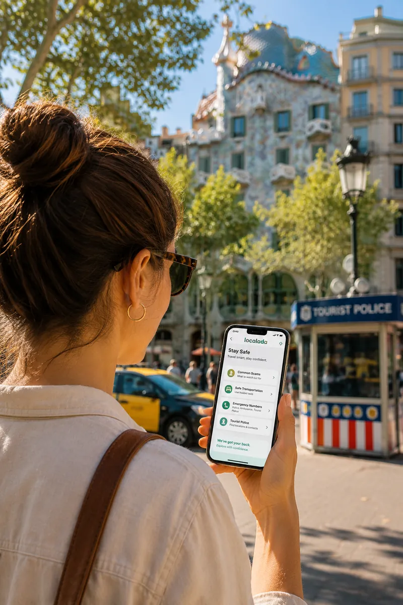 A traveller viewing Localada's Stay Safe guide with scam awareness and tourist police contacts on a sunny city street