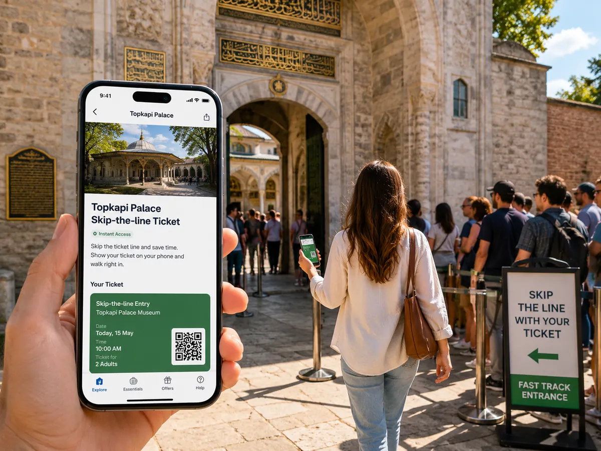 A traveller walking past a queue into Topkapi Palace while holding a phone showing a Localada skip-the-line ticket